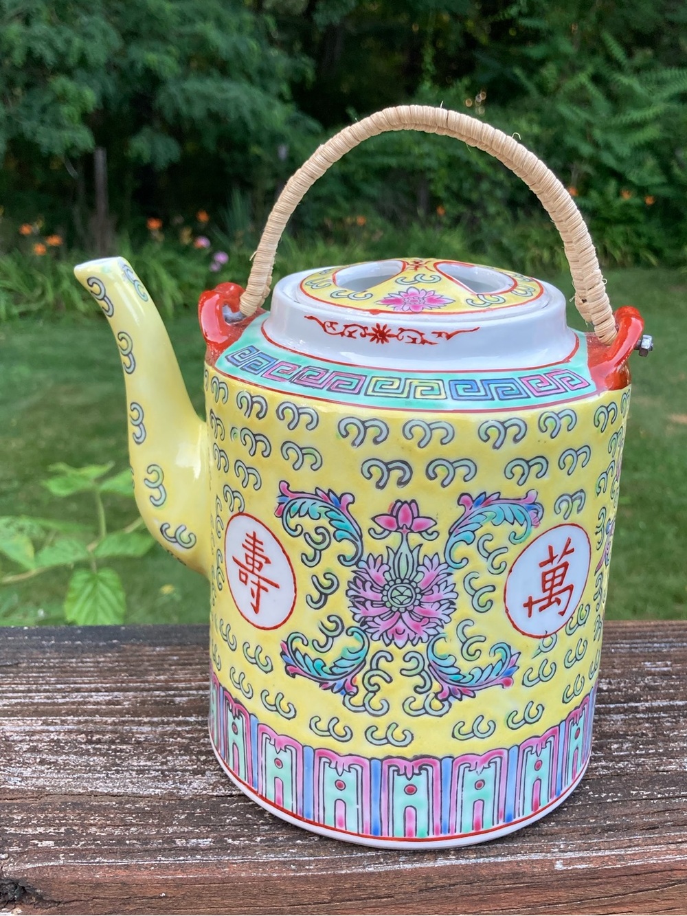 Vintage Chinese Mun Shou “Longevity” Yellow Ceramic Teapot Signed Jingdezhen